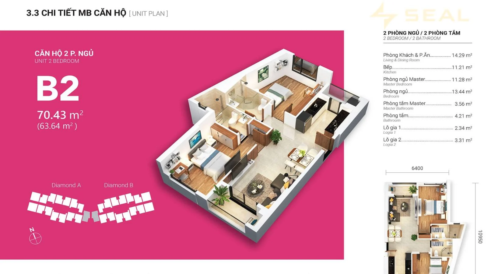 Mặt bằng căn hộ 2 phòng ngủ diện tích 70m2 – loại B2 thuộc nhà Diamond A của dự án Gem Park Hải Phòng