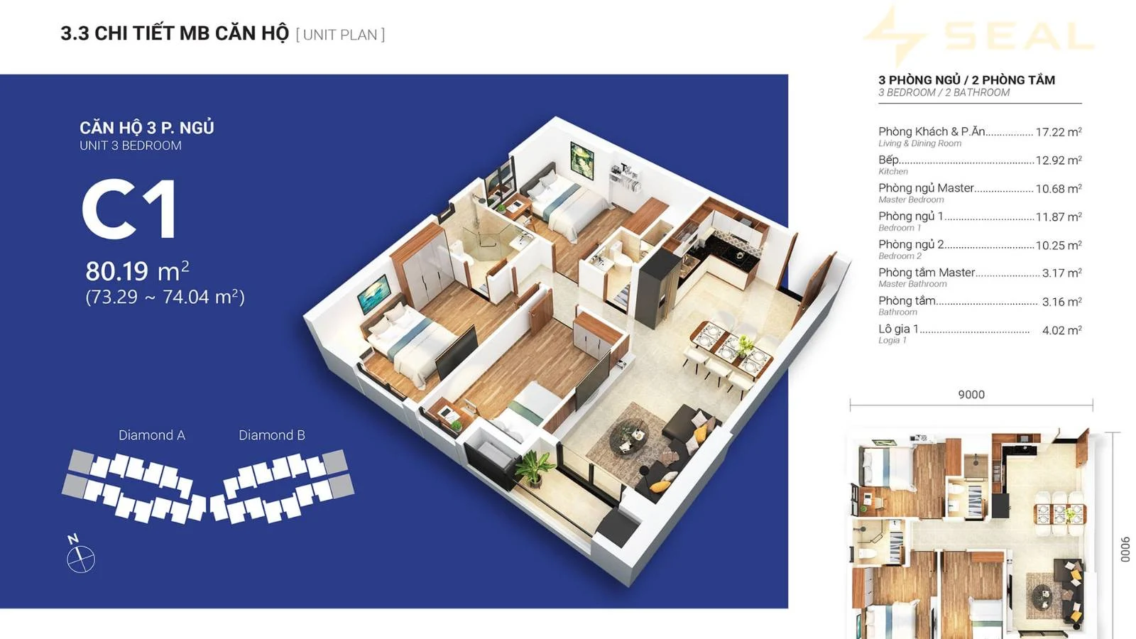 Mặt bằng căn hộ 3 phòng ngủ diện tích 80m2 – loại C1 thuộc nhà Diamond A tại dự án Gem Park Hải Phòng
