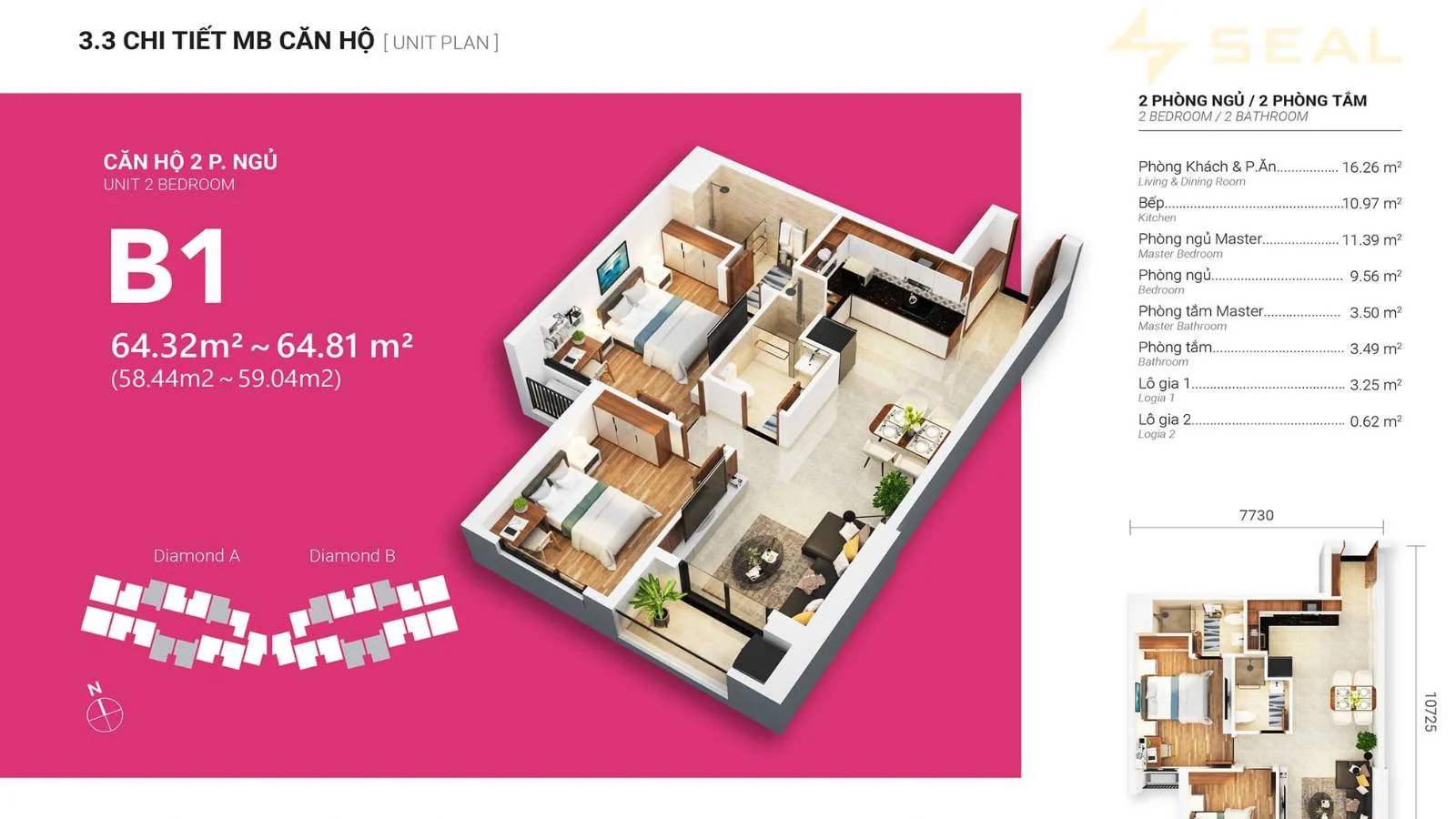 Thiết kế căn hộ 2 phòng ngủ diện tích 64m2 – loại B1, thuộc tòa nhà Diamond A tại dự án Gem Park Hải Phòng