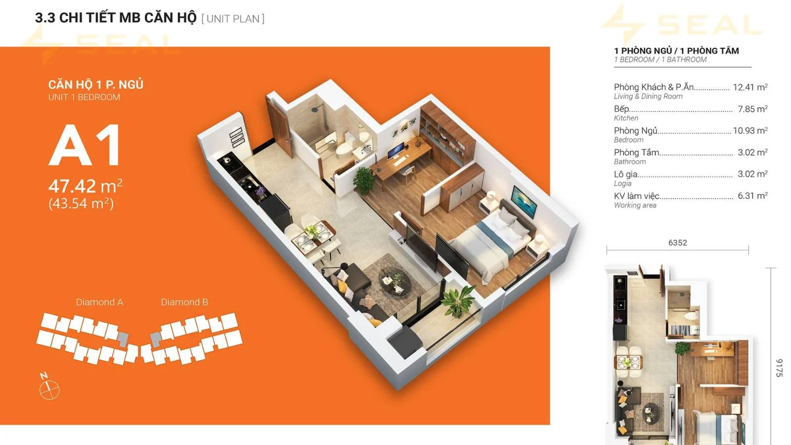 thiết kế căn hộ 1 phòng ngủ diện tích 47m2 – loại A1 thuộc tòa nhà Diamond A dự án Gem Park Hải Phòng